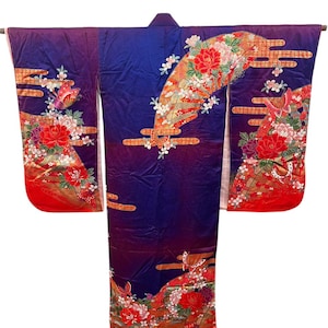 Vintage Japanese Yukata Kimono – Long Sleeve Blue Cotton Robe with Fan Motif | Traditional Summerwear