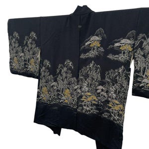 Vintage Japanese Haori Jacket | Black Silk Brocade with Scenic Weave | Art Kimono Coat