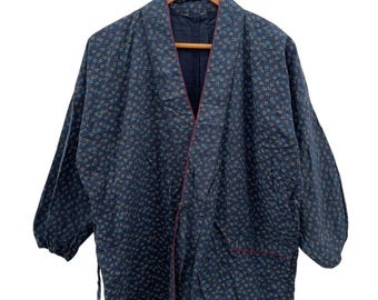 Vintage Japanese Noragi Indigo Jacket – Blue Floral Workwear Kimono – Traditional Cotton Noragi Haori Streetwear