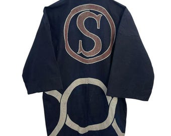 Vintage indigo japansk Happi-kappa: Festivalkimonojacka, djärvt vapenmärke