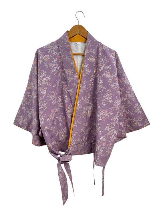 ヴィンテージ 二部式着物セット – 紫の花柄ツーピース着物 – 伝統的な
