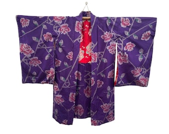 Elegant Purple Silk Haori | Floral Motif Japanese Kimono Jacket | Long Sleeve Vintage Kimono
