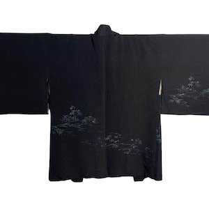 Vintage Black Silk Haori – Japanese Kimono Jacket with Minimalist Brocade Floral Motif, Traditional Japan Silk Robe