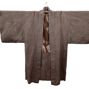 Vintage Men&#39;s Brown Haori Jacket | Fine Checkered Wool Kimono with Silk Abstract Lining | Japanese Traditional Coat | Size L