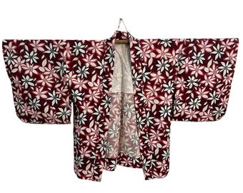 Vintage Japanese Kimono Jacket – Red Burgundy Floral Haori – Traditional Yukata Noragi Cardigan