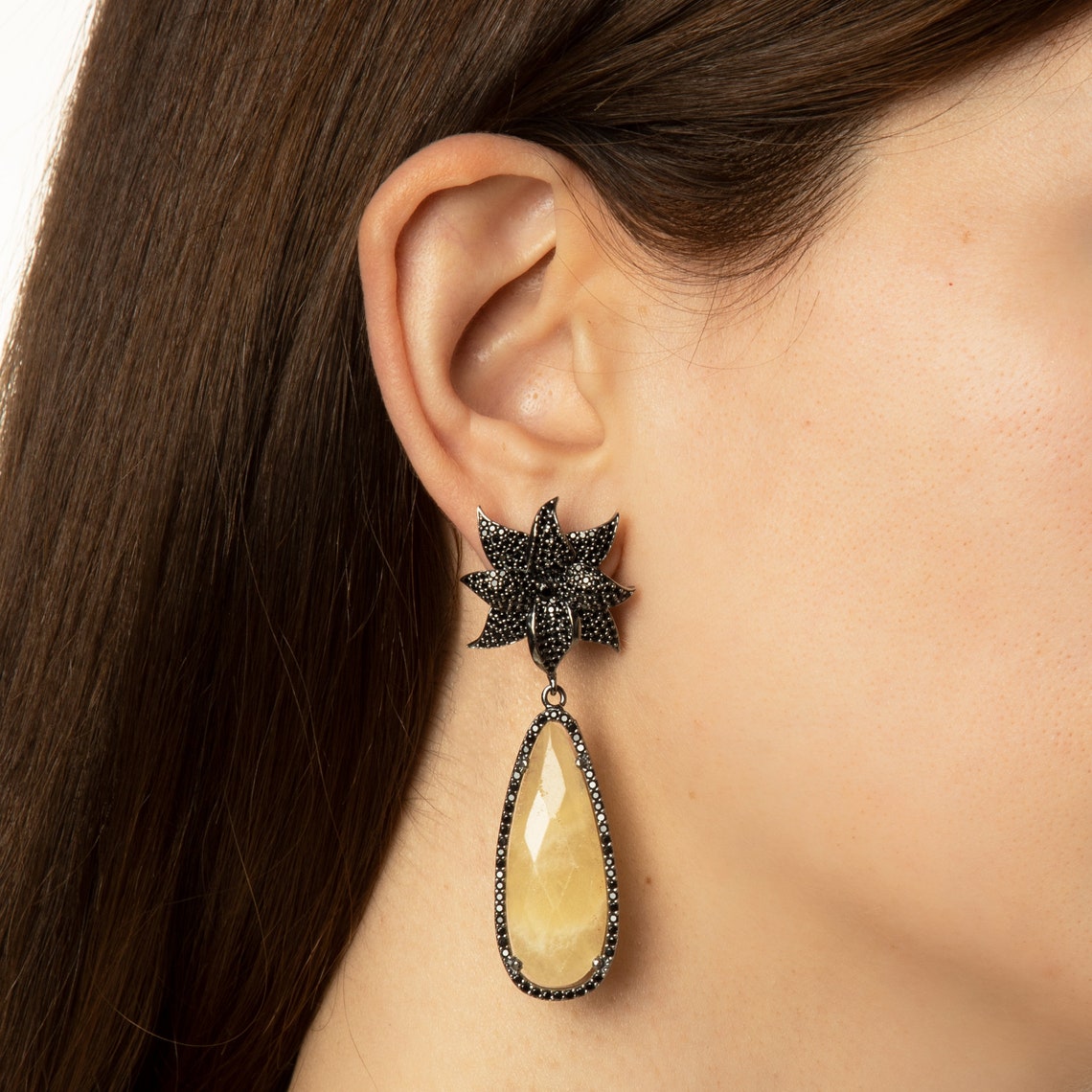 Black Flower Drop Earrings Silver/Zircon Etsy