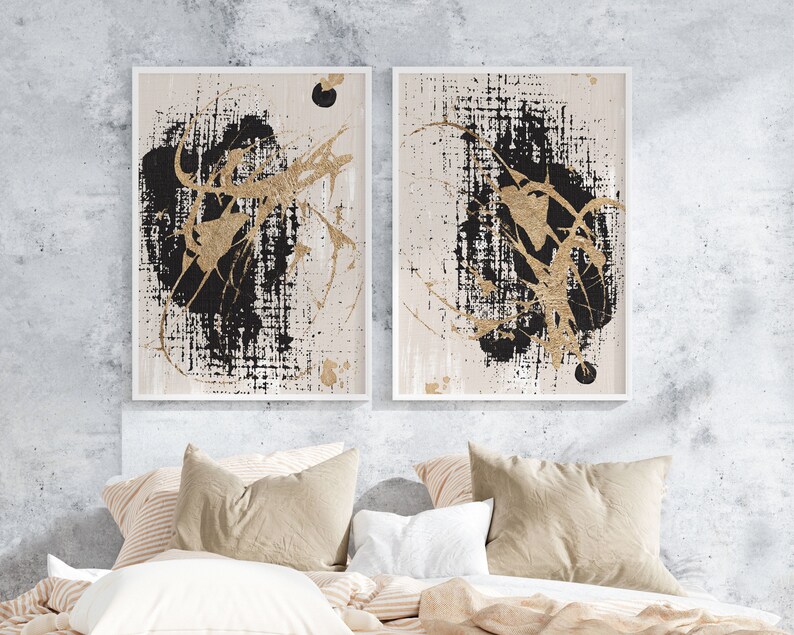 Black and Gold Wall Art Set of 2 Prints Abstract Modern Art Etsy