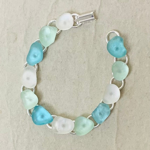 Hawaii sea glass bracelet. Turquoise, aqua, and white ocean tumbled, untouched, natural, handpicked on Kauai.