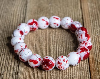 Blood Splatter Bracelet, 10mm Glass Beaded Bracelet, Halloween Bracelet, Emo Horror Gore Punk Goth, Blood Spatter