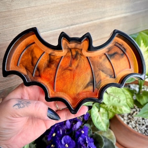 Orange Bat Trinket Tray, Jewelry Tray, Resin Tray, Gothic Decor, Ring Dish, Halloween Tray