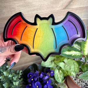 Rainbow Bat Trinket Tray, Jewelry Tray, Resin Tray, Gothic Decor, Ring Dish, Halloween Tray