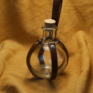 Round Glass Potion Bottle with Leather Belt Hanger Fantasy Dungeons and Dragons DND Cosplay Renfaire Garb LARP Prop