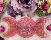 Handmade Triple Moon Resin Dish - Pink Glitter Resin Jewelry Dish - Resin Art - Resin Jewelry Tray - Smudge Burning Dish