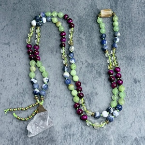 Gemstone Mala Necklace: Raw Quartz, Sodalite, Tiger's Eye, Meditation Beads