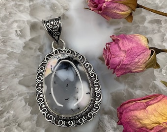 Dendritische opaal sterlingzilveren hanger - filigraansieraden