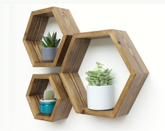 Set of 3 Handmade Wooden Hexagon Shelves - Hexagon shelves - Geometric shelf - Geometric shelves - Honeycomb shelves