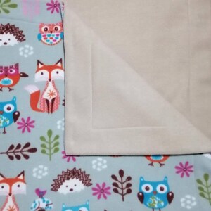 Può includere: Una coperta per bambini con sfondo azzurro chiaro con colorati gufi, volpi, ricci e fiori dei cartoni animati. La coperta ha una morbida fodera in pile beige. La coperta è piegata, mostrando le trame e i colori contrastanti.