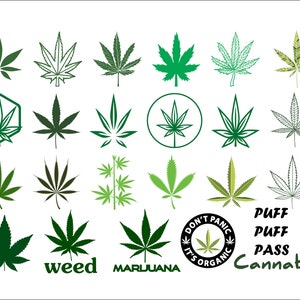 Peut inclure: Plusieurs illustrations de feuilles de cannabis en différentes nuances de vert, avec les mots "weed" et "marijuana". La phrase "Don't Panic It's Organic" est également présente, ainsi que les mots "Puff, Puff, Pass, Cannabis".