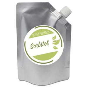 May include: A silver pouch with a white label that says "Bliss Essential Oil Company" and "Sorbitol". The label has a green circle with three green leaves.