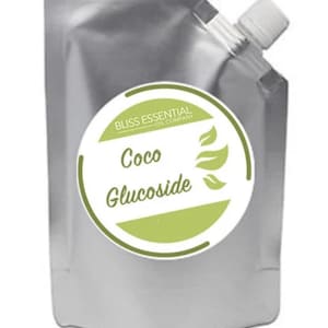 May include: A silver pouch with a white label that says "Bliss Essential Oil Company" and "Coco Glucoside". The label has a green circle around the text and two green leaves.