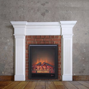 May include: A white fireplace mantel with a brick surround and a black electric fireplace insert. The fireplace is set against a gray concrete wall.