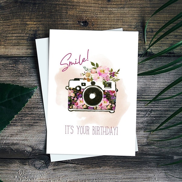 Smile it's your birthday card printable for her, camera birthday card instant download, camera greeting card, photographer birthday card