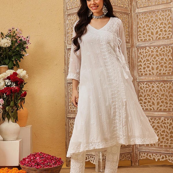 Ada Hand Embroidered White Chikankari Angrakha style Kurta Indian Ethnic Kurti Dress for Women