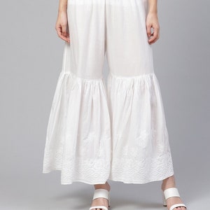 Ada Indian Lucknow Chikankari Hand Embroidered Ethnic Party Wear White Cotton Flared Garara/Sharara/Salwar/Palazzo/Culottes for Women