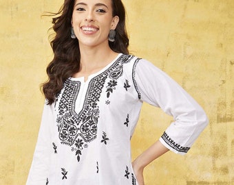 Ada Handmade Indian Chikankari Regular Wear Designer White Tunic Top Kurti Traditional Short Length Kurta Shirt Blouse for Women Low Price