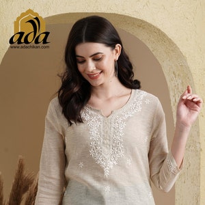 Ada Indian Hand Embroidered Chikankari Khadi Cotton Tunic Top Short Kurti Kurta Summer Wear Shirt Blouse for Women Short Length Round Neck