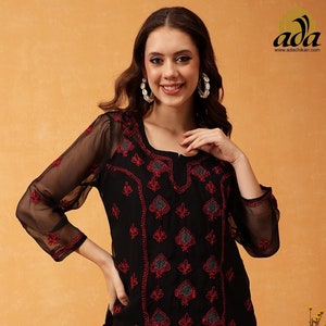Lucknowi Chikankari Hand Embroidered Black Georgette Tunic/Short Kurti/Short Tops, Chikan Kurta for Women, Boho Daily Wear/Office wear