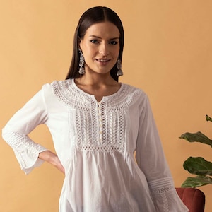 Indian Lucknowi Chikankari Pure cotton summer Tunic short Kurti Chikan kurta for women boho ethnic wear,round neck, daily wear, yoga dress