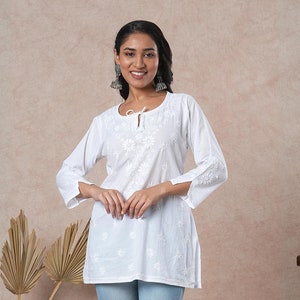 Ada Hand Embroidered White Cotton Chikankari Short Kurti: Indian Tunic Top Dress for Women