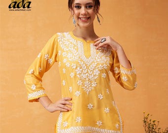 Ada Hand Embroidered Women's Muslin Short Tops Kurti Shirt Indian Chikankari Straight Tunic Blouse