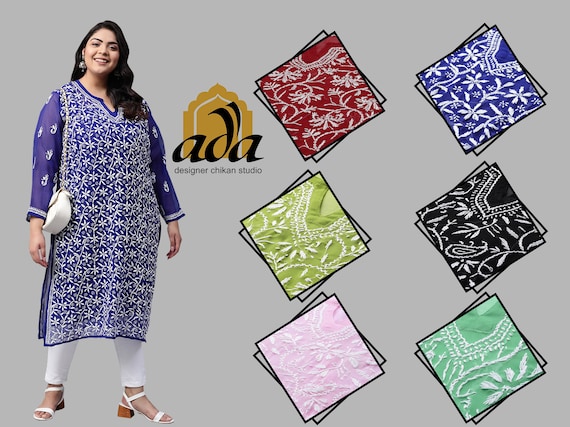 Buy Indian Wear Plus Size Kurtas Handmade Embroidery in Georgette Fabric  With Chikankari Floral Pattern WITH FREE Matching CAMISOLE Online in India  