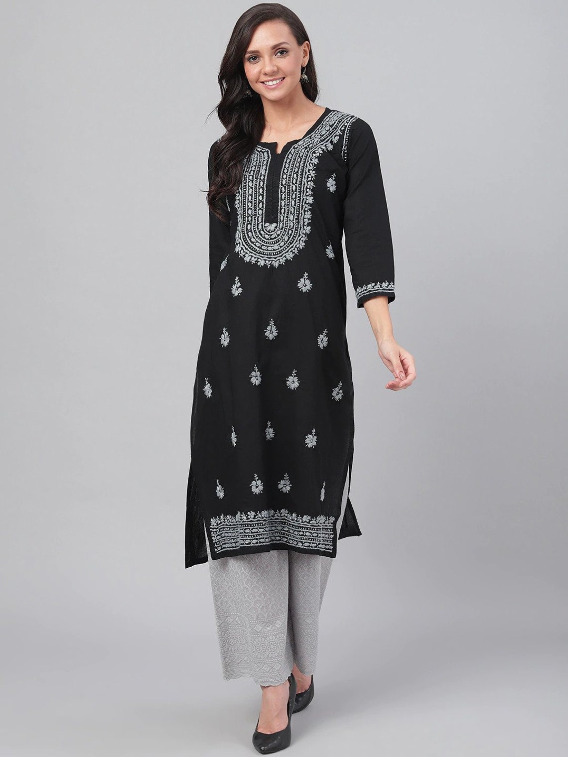 Hand Embroidered Black Cotton Lucknow Chikankari Kurti Party Etsy