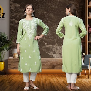 Indian Hand Embroidered Designer Authentic Chikankari Rayon Kurta Kurti Straight Loose Fit Knee Length Tunic Top Yoga Dress for Women by Ada