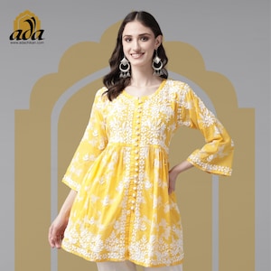 Ada Indian Latest Designer Floral Printed Chikankari Short Kurta Kurti Dress for Women Hand Embroidered Cotton A-Line Tunic Top Shirt Blouse