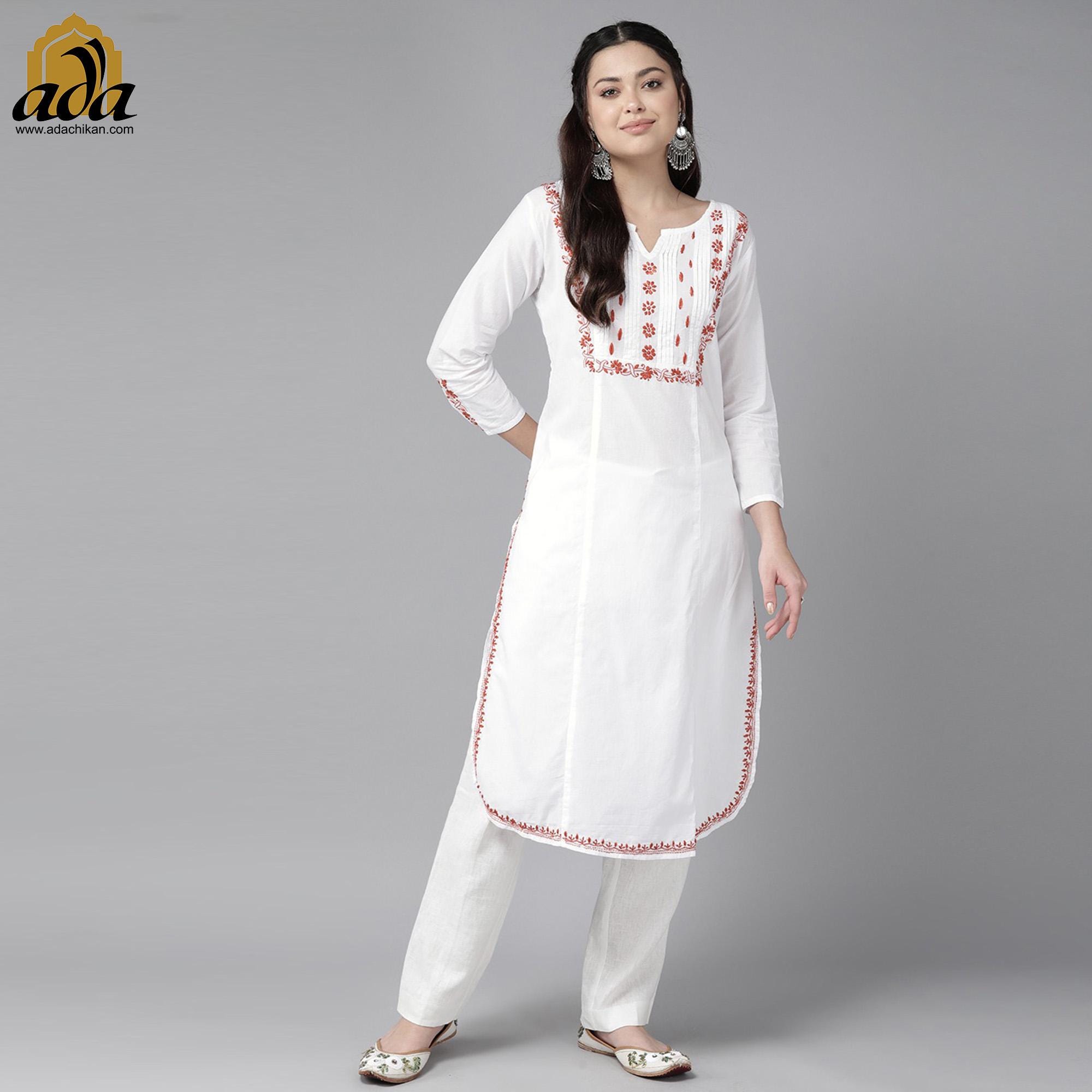 Ada Indian Chikankari Women's Cotton White Kurti Top – Hand Embroidered, Straight Fit, Size 5XL