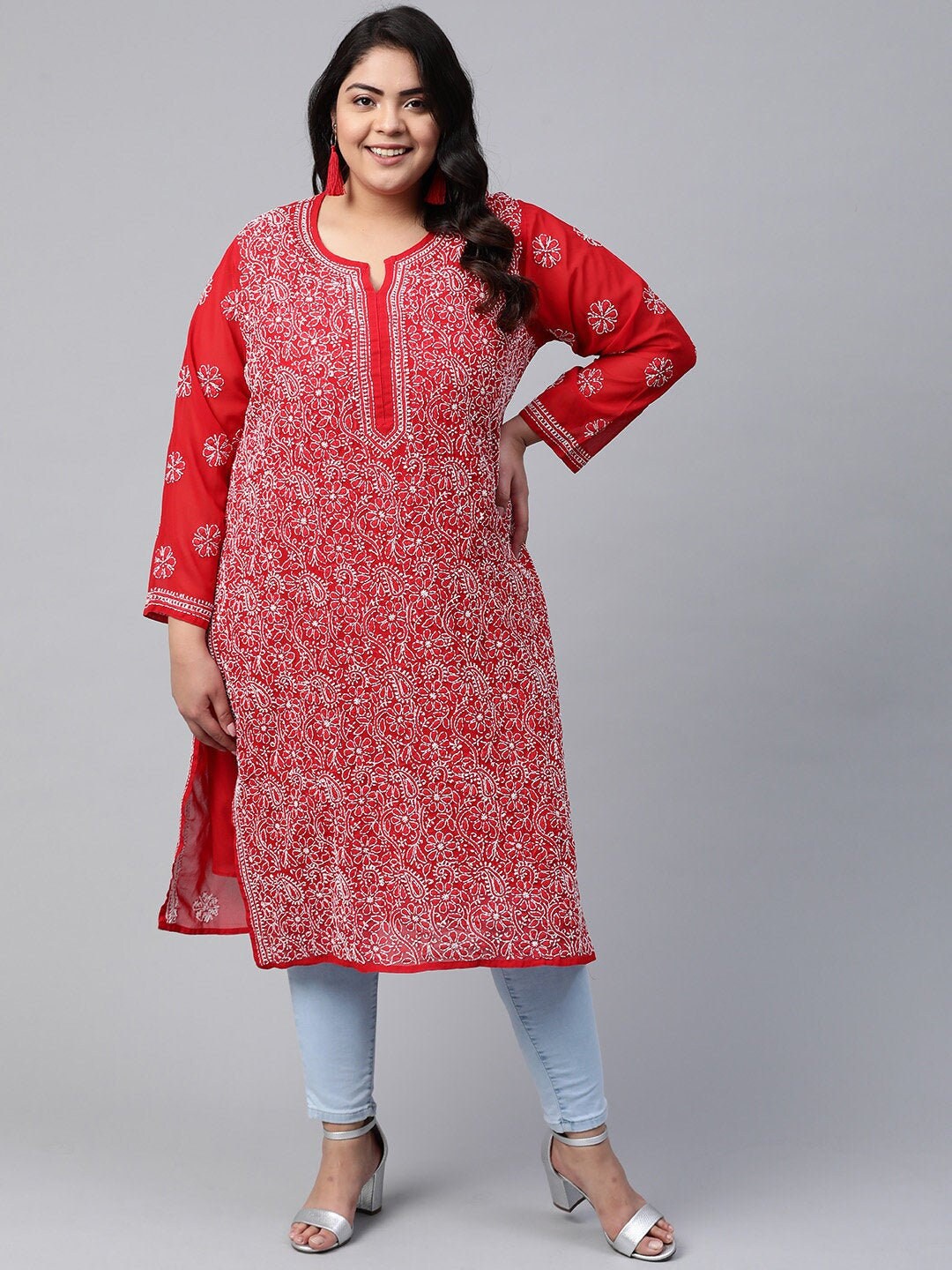Plus Size Kurta Hand Embroidered Blue Faux Georgette Lucknowi Etsy