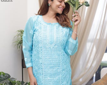 Indian Chikankari Organza Tunic Shirt Hand Embroidered Designer Short Kurta Kurti Blouse Traditional Ethnic Wear Chikan Top Dress by Ada