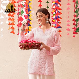 Ada Indian Hand Embroidered Straight Georgette Chikan Short Kurti Kurta Shirt Designer Chikankari Tunic Top Dress for Women FREE SHIPPING