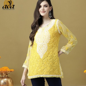 Indian Handmade Designer Chikankari Georgette Tunic Short Kurta Kurti for Women Boho Shirt Ethnic Wear Round Neck Yoga Top Dress FREE INNER
