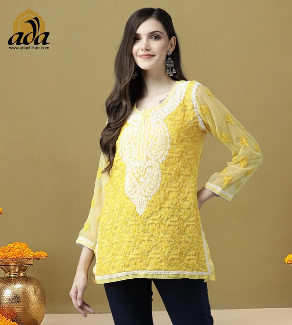 Ada Indian Handcrafted Chikan Georgette Short Kurti Kurta with Slip: Tunic Top for Women
