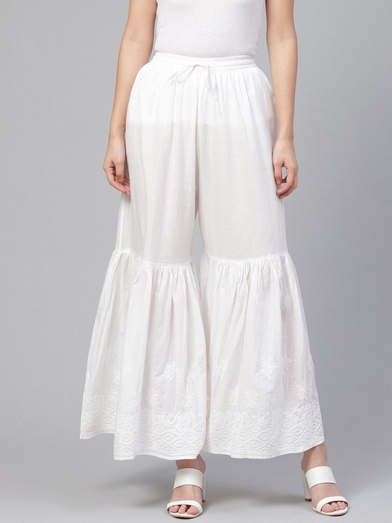 Ada Hand Embroidered Chikankari White Cotton Sharara: Indian Ethnic Party Wear Palazzo Pants