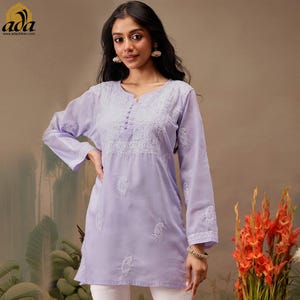 Ada Handcrafted Indian Chikankari Cotton Short Kurti Kurta for Women Summer wear Tunic Top Shirt Blouse Round Neck Formal Dress Plus Size