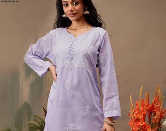 Cotton Short Kurti Shirt for Women Indian Handcrafted Chikankari Tunic Top Dress by Ada