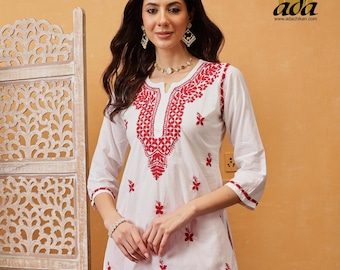 Ada Handcrafted Cotton Chikankari Short Kurti Tunic for Women Indian Chikan Work Top Blouse