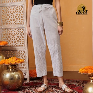 Ada Indian Hand Embroidered Formal Loose Fit White Cotton Chikankari Palazzo Pants Casual Wear Bottom Culottes Wide Leg Plazo for Women