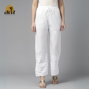 Ada Indian Hand Embroidered Formal Loose Fit White Cotton Chikankari Palazzo Pants Casual Wear Bottom  Culottes Wide Leg Plazo for Women
